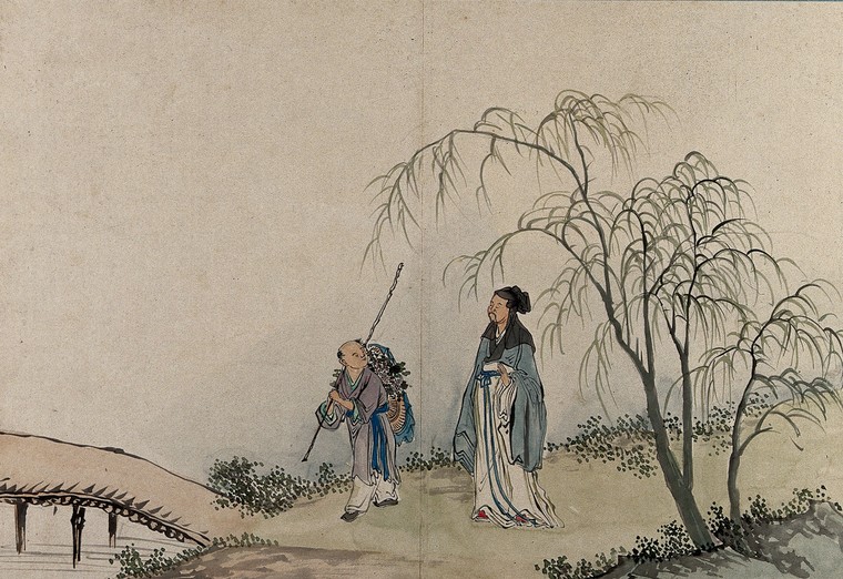 A Chinese sage, in conversation with a traveller on the road. Gouache by a  Chinese artist, ca. 1850. | Wellcome Collection